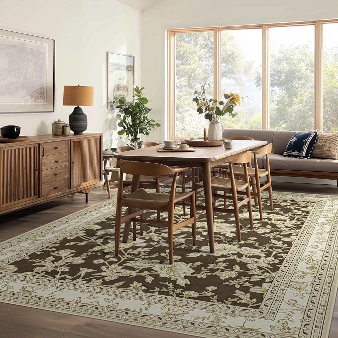 Extra Large Browm Area Rug for Living Room 10x14, Floral Dining Room Rugs for - Image 3
