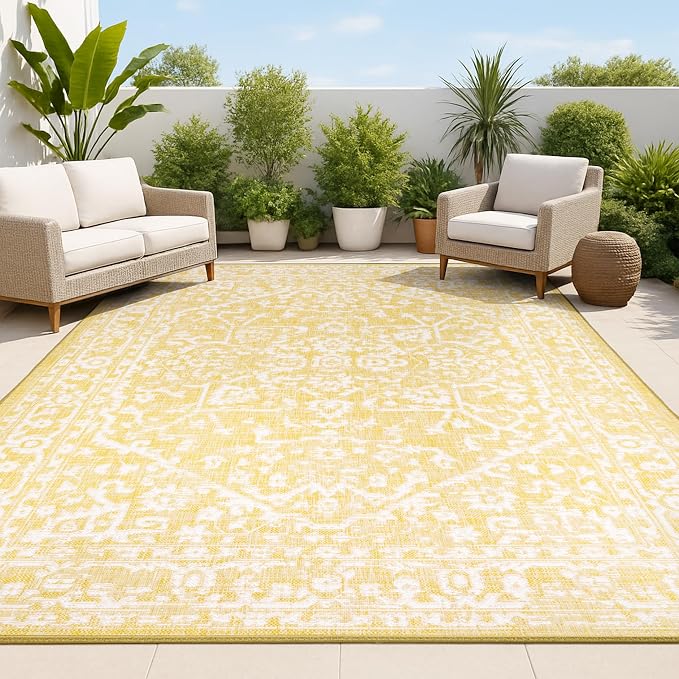 JONATHAN Y Boho Medallion Indoor Outdoor Area Rug 4X6 Yellow/Cream, Malta by JONATHANY