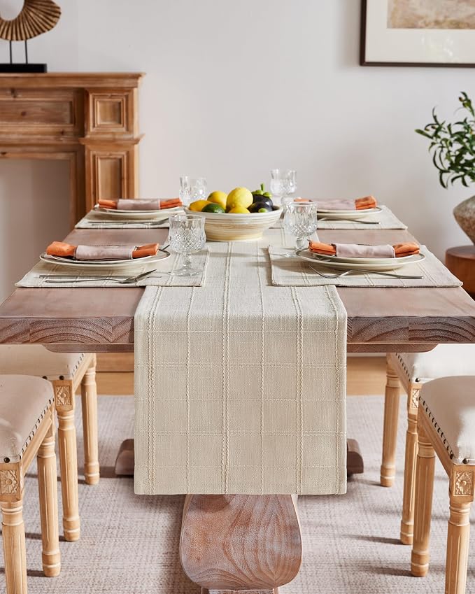 Linen Checked Farmhouse Table Runner, 13x108 Inches Neutral Beige | Raised Grid - Image 2