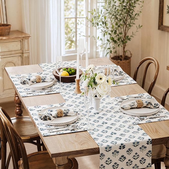 Block Print Floral Decorative Table Runners, 13x72 Inch Dusty Blue | 100% - Image 7