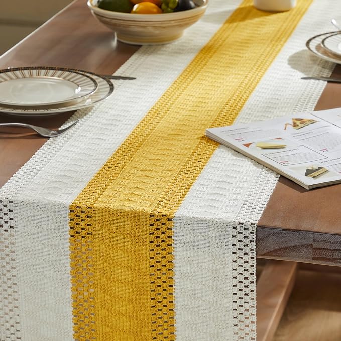 Macrame Style Bicolor Stitching Table Runner 14x72in Mustard | Woven Boho Table - Image 5