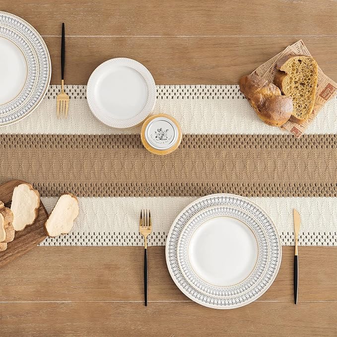 Macrame Style Bicolor Stitching Table Runner 14x90in Brown | Woven Boho Table - Image 4