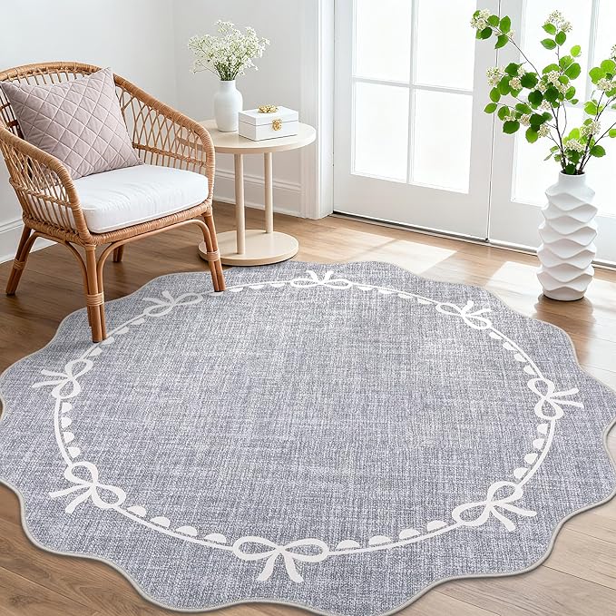 GarveeHome Scalloped Bow Rug for Living Room, 5ft Round Rugs Washable Solid - Image 2