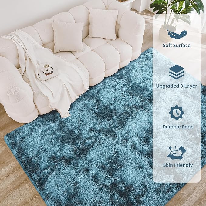 Litanika 3x5 Shag Area Rug for Living Room Bedroom, Tie-Dyed Blue High Pile - Image 4