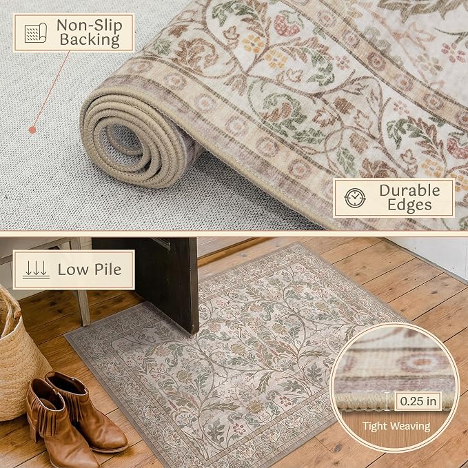 Moss Green 6x9 Area Rug for Dining Room Under Table, Machine Washable Low Pile - Image 4