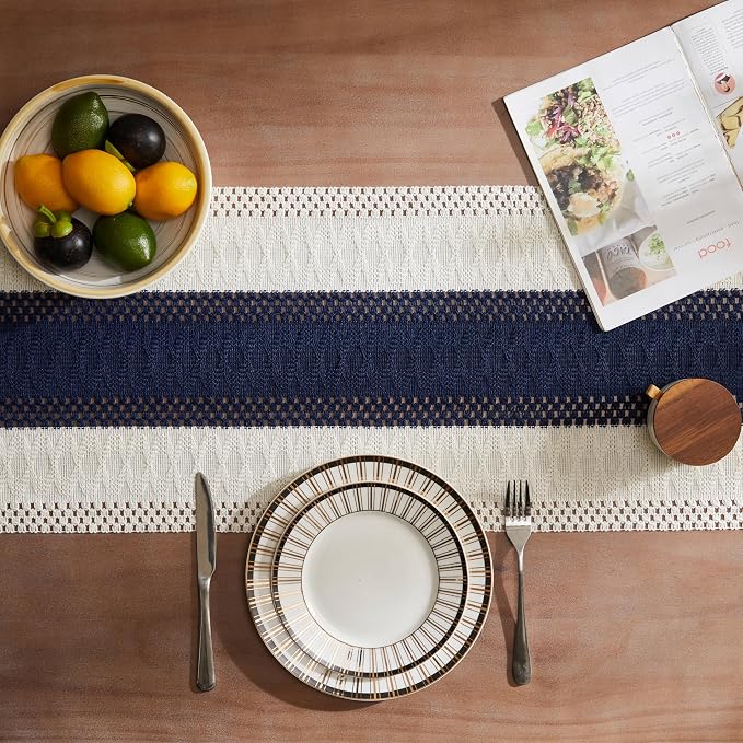 Macrame Style Bicolor Stitching Table Runner 14x60in Navy Blue | Woven Boho - Image 4