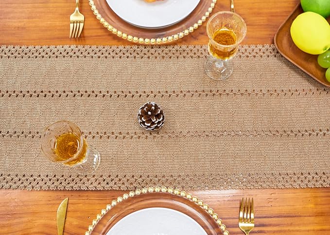 Boho Table Runner Fall Burlap Brown Coffee Table Decor 12x90 Inch | 90 Inches - Image 7