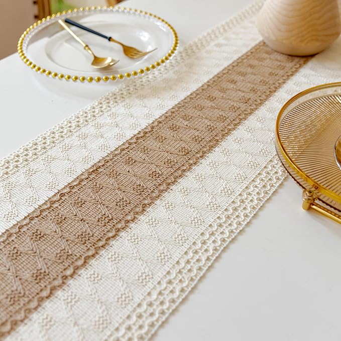 EMMTEEY Boho Table Runner with Tassels 108 Inches Long, Cream Brown | Handmade - Image 7