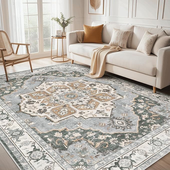 5x7 Washable Area Rug: Vintage Neutral Soft Non Slip Thin Large Floor Carpet by MICGEEK