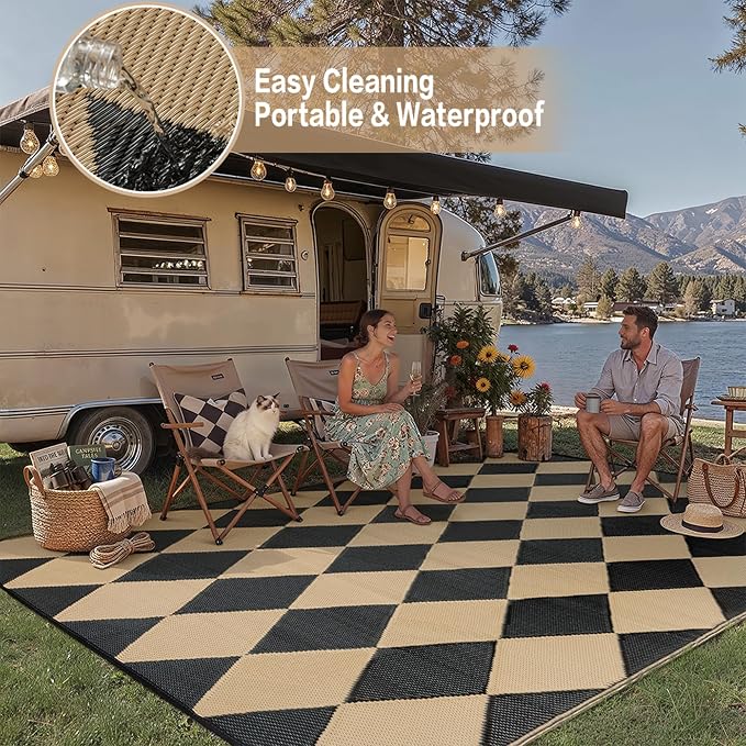 Outdoor Plastic Checkered Rug Waterproof Patio 5x8 Black Brown Diamond Geometry - Image 5
