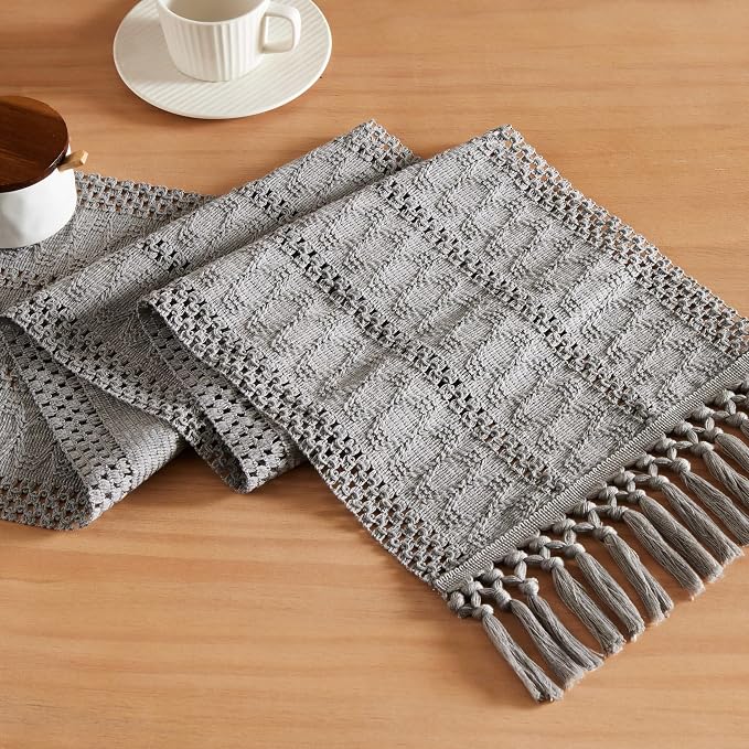 Macrame Style Boho Table Runner, 12x72 Inch Grey | Woven Boho Table Runner by ZEEMARTONLINE