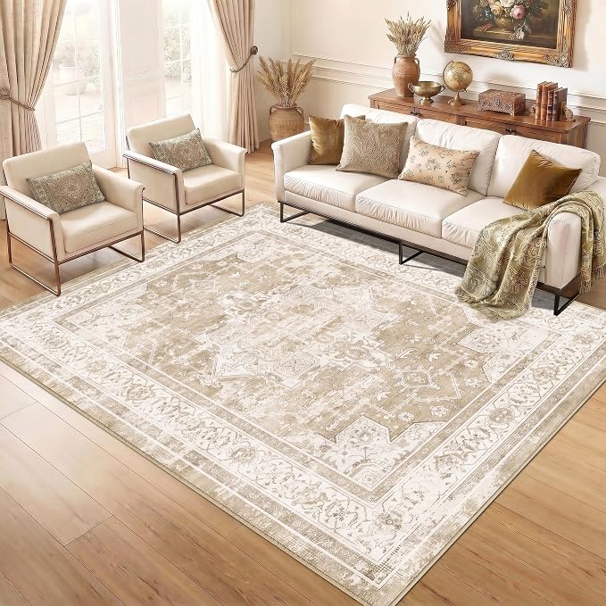 10x14 Area Rug for Living Room-Vintage Farmhouse Boho Floral Neutral Washable - Image 3