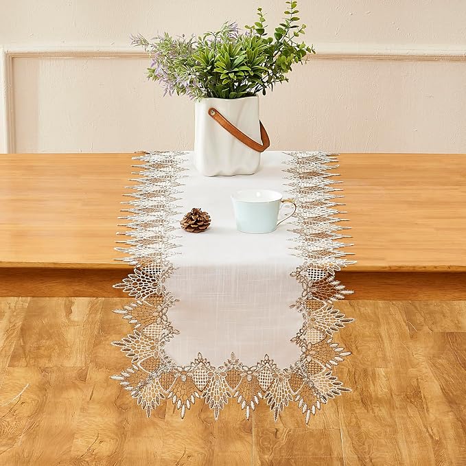 White Linen Table Runner 48” Lace Coffee Table Runners | French Dresser Runners - Image 3