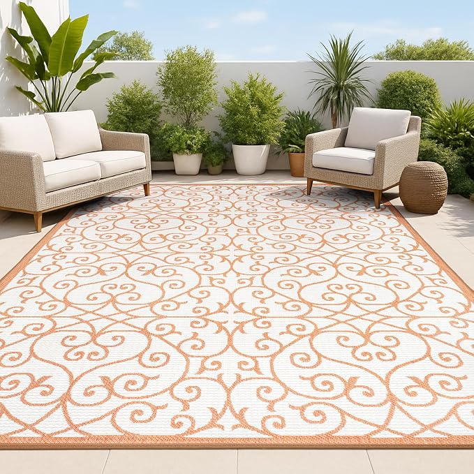 JONATHAN Y Vintage Filigree Indoor Outdoor Area Rug 4X6 Cream/Orange, Madrid by JONATHANY