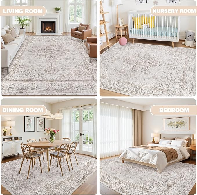 9x12 Area Rugs for Living Room:Beige Washable Vintage Medallion Carpet Non-Slip - Image 6