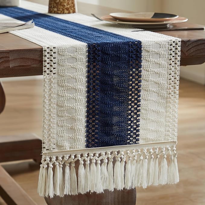 Macrame Style Bicolor Stitching Table Runner 14x72in Navy Blue | Woven Boho - Image 7