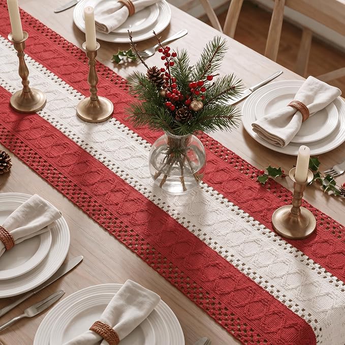 Artoid Mode Rose Red Farmhouse Woven Table Runner 12x108 Inch | Holiday Rustic - Image 3