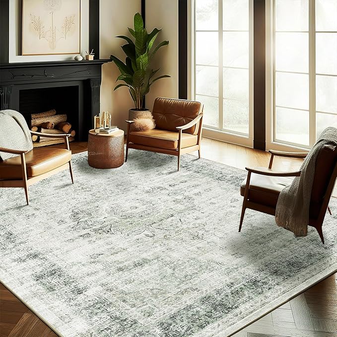 CHAMPLANT Washable Area Rug 9'x12' Retro Floral Green Boho Design Non-Shedding by CHAMPLANT