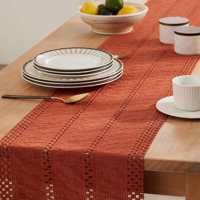 Macrame Style Boho Table Runner, 12x90 Inch Rust | Woven Boho Table Runner - Image 5