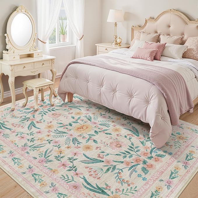 8x10 Pink Floral Area Rug, Large Washable Living Room Carpet - Image 2