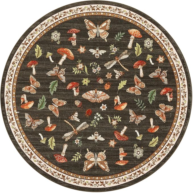Mushroom Insect 3ft Round Rug Washable Non-Slip Soft Ultra-Thin Small Boho - Image 3