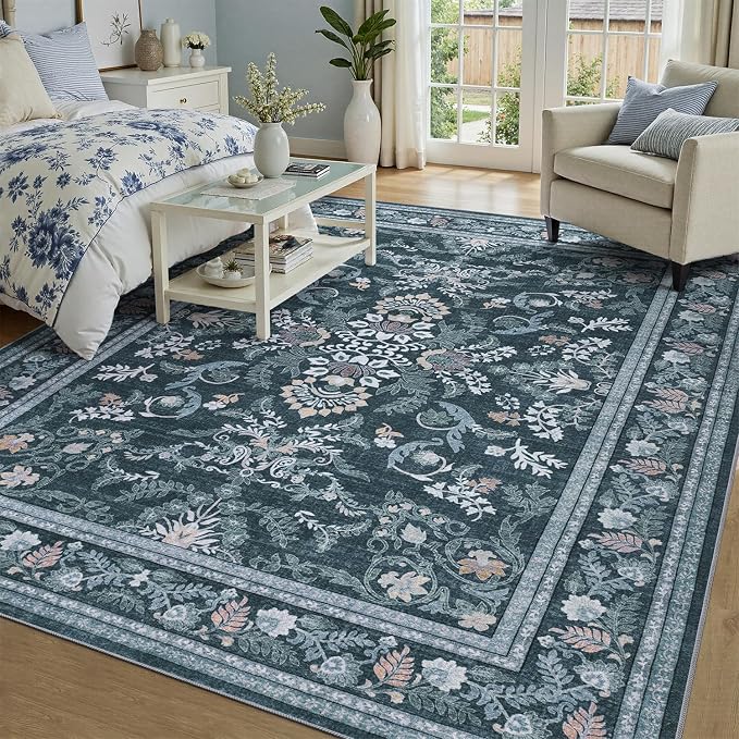 DCX Navy Blue 8x10 Area Rug, Machine Washable Non Slip Stain Resistant Soft - Image 2