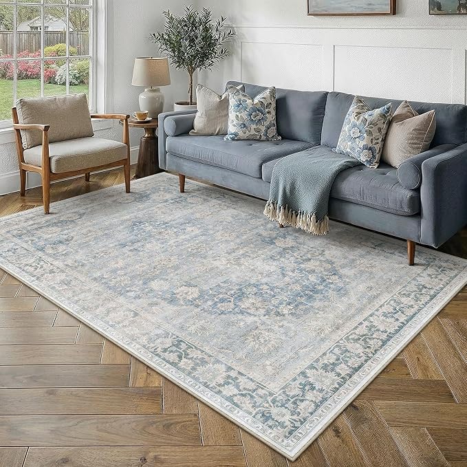 4x6 Washable Neutral Area Rug Blue Vintage Entryway Bathroom Carpet Non-Slip by WondRg