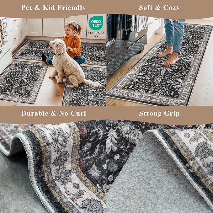 Kitchen Rugs Set of 2 Washable Non Slip – Soft Low Pile Boho Floral Decorative - Image 5