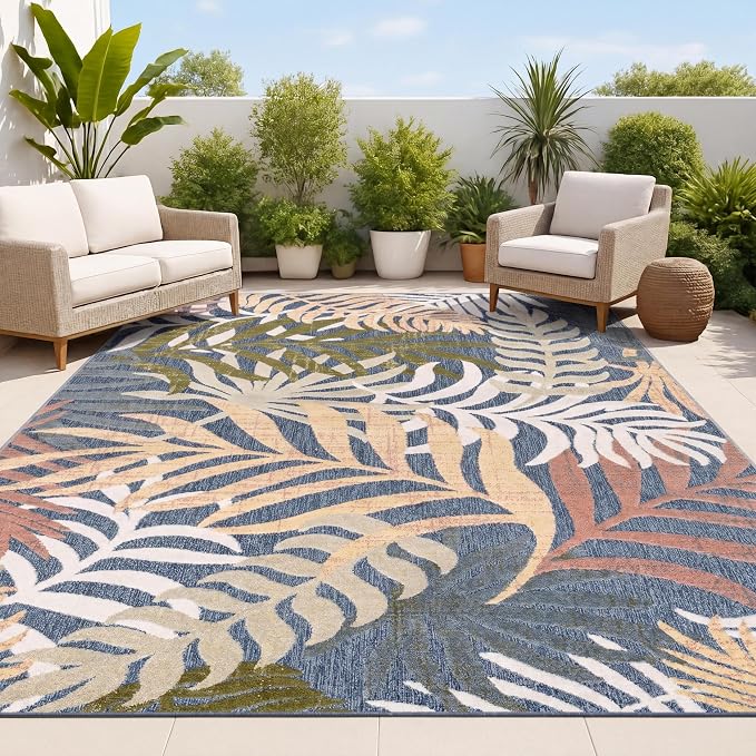 JONATHAN Y Tropics Palm Leaves Indoor Outdoor Area Rug 5x8 Dark Blue/Multi by JONATHANY