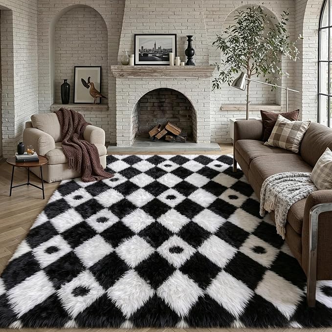 PureCozy Checkered Rug 9x12 Fluffy Shag Living Room Black and White Area Rug by PureCozy