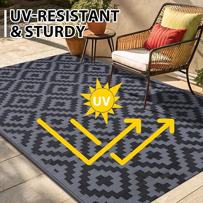 Smiry Waterproof Outdoor Rug 9x12 ft, Reversible Plastic Straw Patio Camping - Image 5