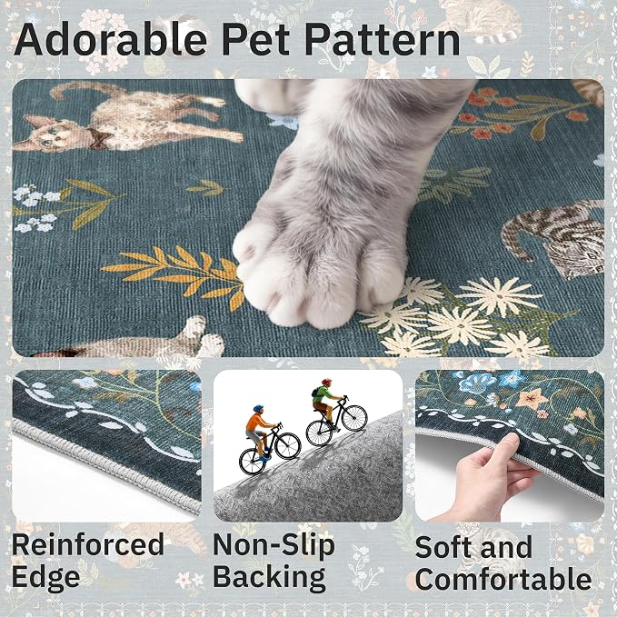 Soalmost Cat 9x12 Area Rugs for Living Room, Machine Washable Animal Floral - Image 6