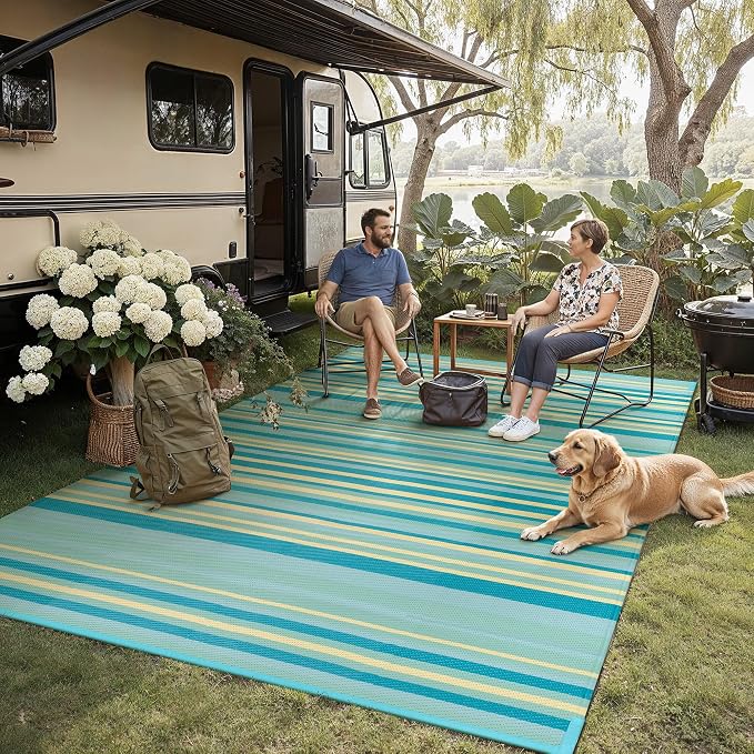 Outdoor Plastic Straw Rug Waterproof Patio 9x12 Teal Yellow Stripe Mat by WondRg
