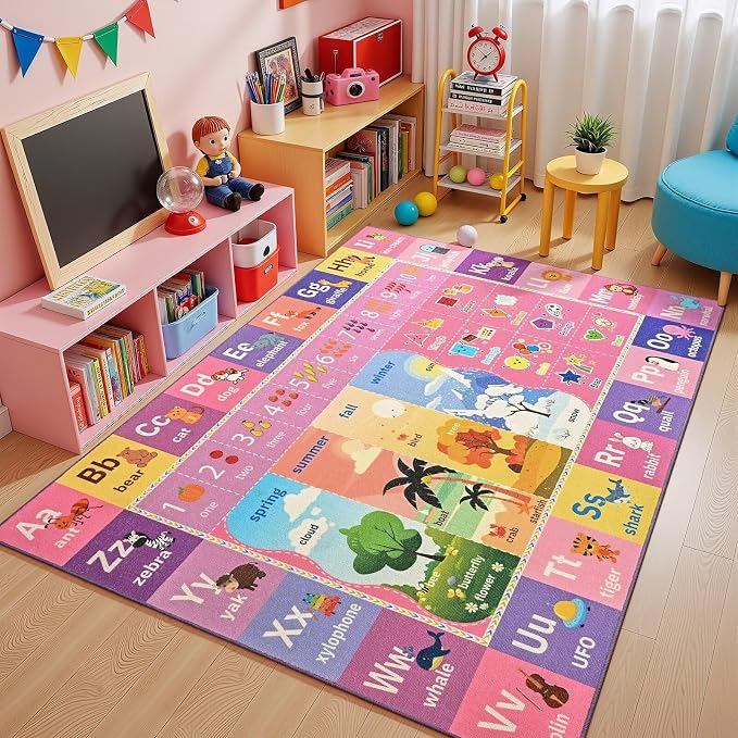 Macgace ABC Kids Rug for Playroom, 5x7 Pink Purple Washable Classroom Area Rugs by Macgace
