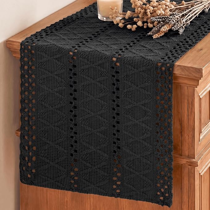 Artoid Mode Black Woven Farmhouse Hollow Table Runner 12x60 Inch | Holiday by ArtoidMode