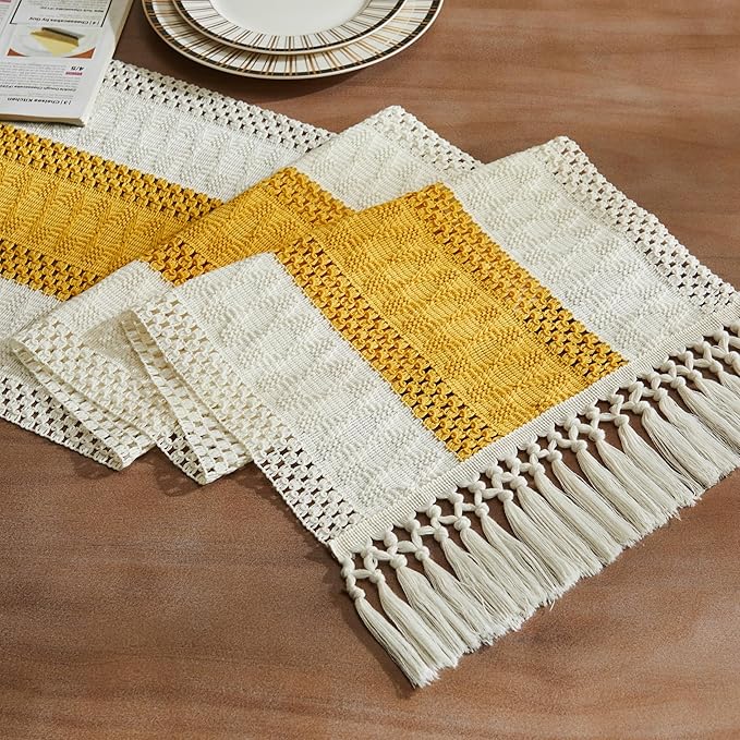 Macrame Style Bicolor Stitching Table Runner 14x90in Mustard | Woven Boho Table by ZEEMARTONLINE