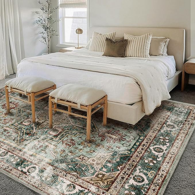 CHAMPLANT Green Area Rug 10'x14' Washable Vintage Traditional Mat Distressed - Image 2