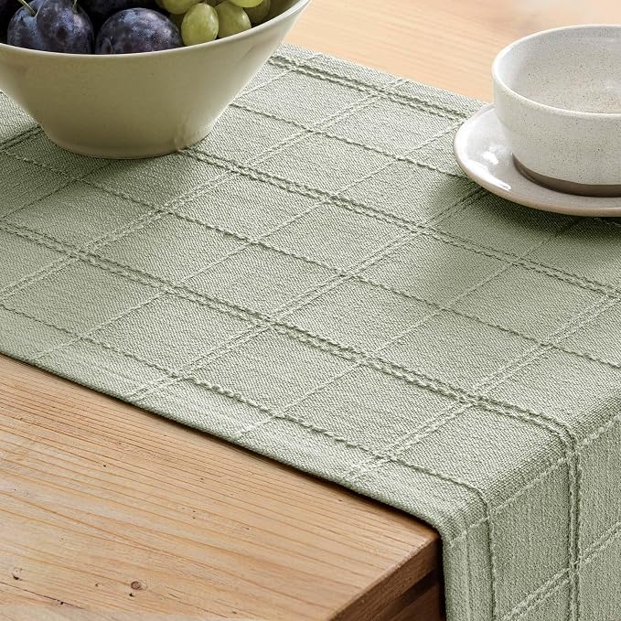 Linen Checked Farmhouse Table Runner, 13x72 Inches Seeding Green | Raised Grid - Image 5