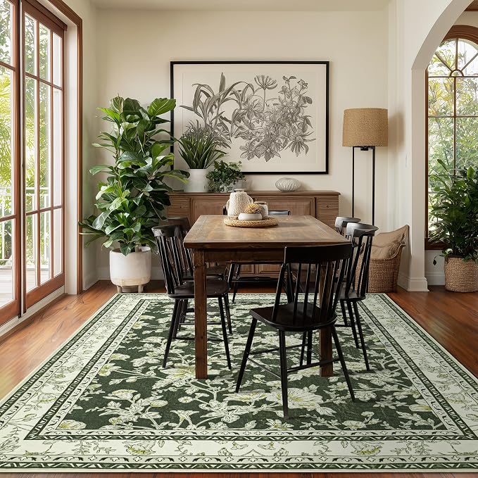 Olive Green Floral 5x7 Area Rug Vintage Boho Washable Printed Rug - Image 6