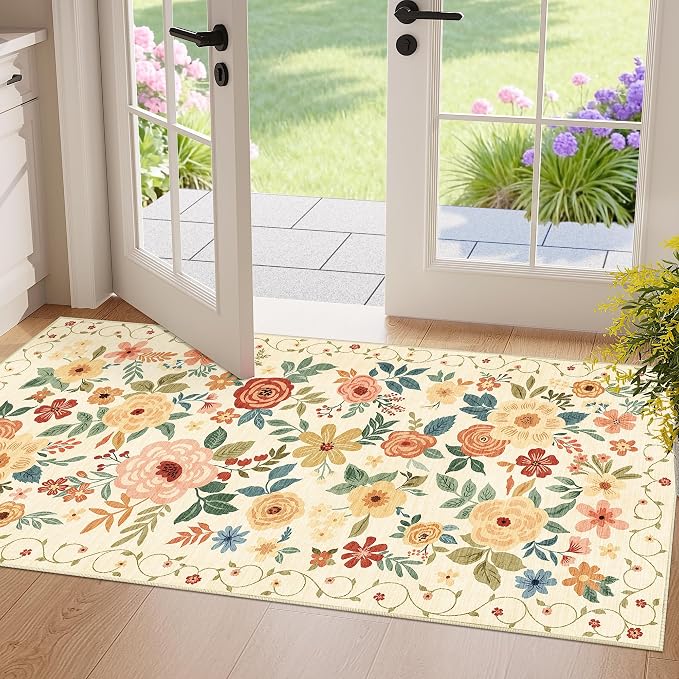 DUKINO 2x4 Rug for Entryway, Washable Kitchen Floral Runner Rug by DUKINO