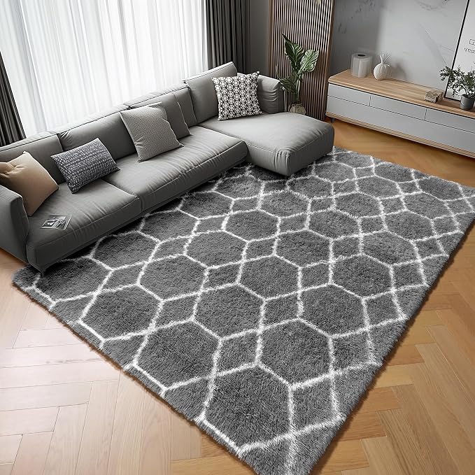 ONASAR Area Rugs for Living Room Bedroom, 5x8 Fluffy Grey and White Rug - Image 3