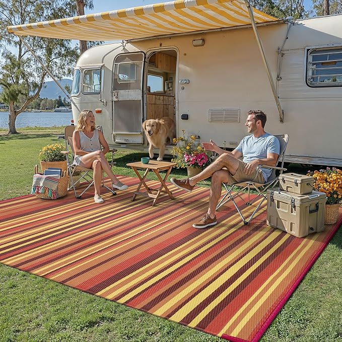 Outdoor Plastic Straw Rug Waterproof Patio 8x10 Red Orange Stripe Mat - Image 2