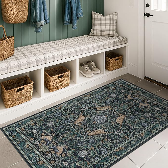 Traditional Washable Entryway Rugs, 3x4 Blue and Green Floral Kitchen Mat - Image 3