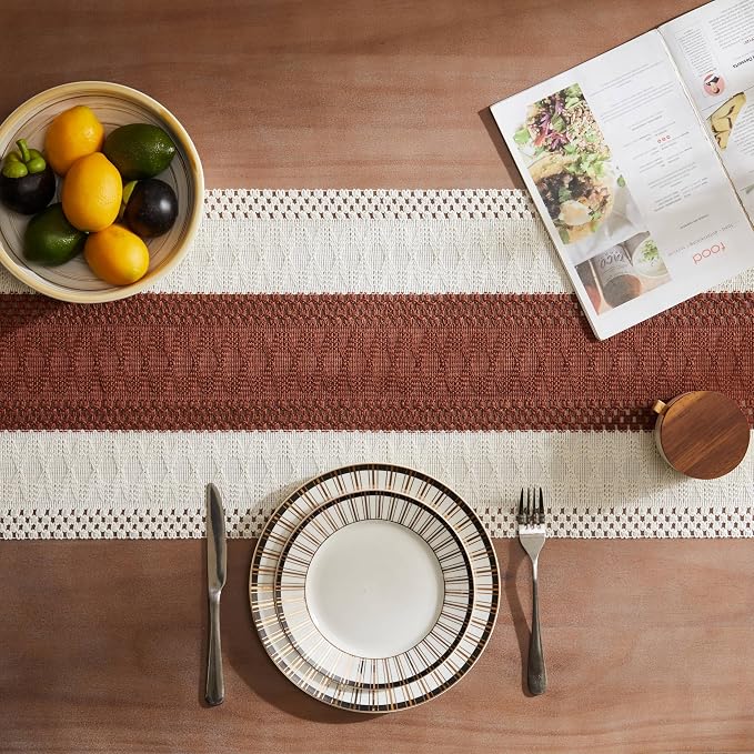 Macrame Style Bicolor Stitching Table Runner 14x48in Terracota | Woven Boho - Image 4