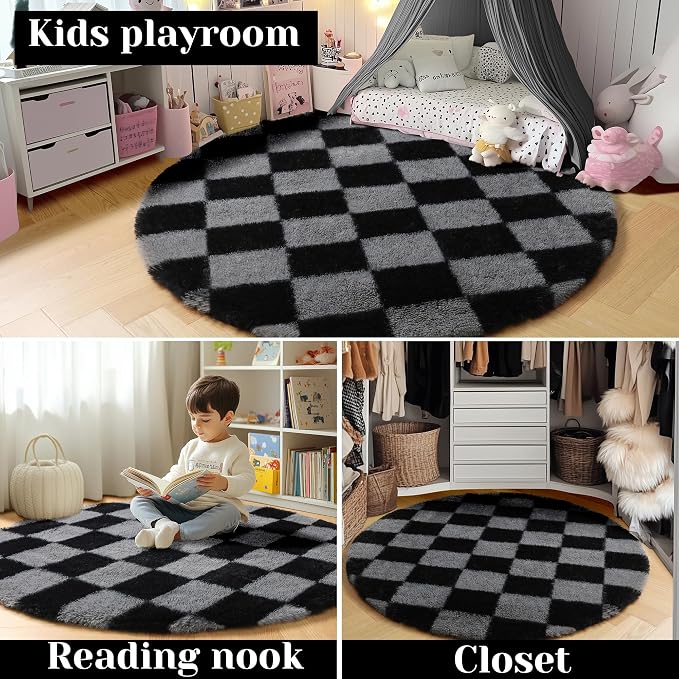 KICMOR Round Rugs 5ft Black and Grey Circle Area Rug, Fluffy Soft Fuzzy Shag - Image 7