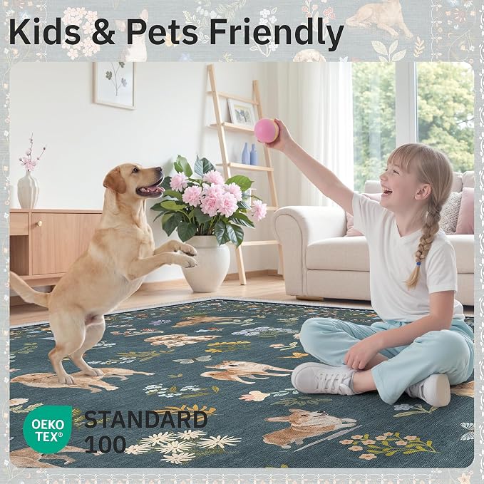 Soalmost Dog 5x7 Area Rugs for Living Room, Machine Washable Animal Floral - Image 5