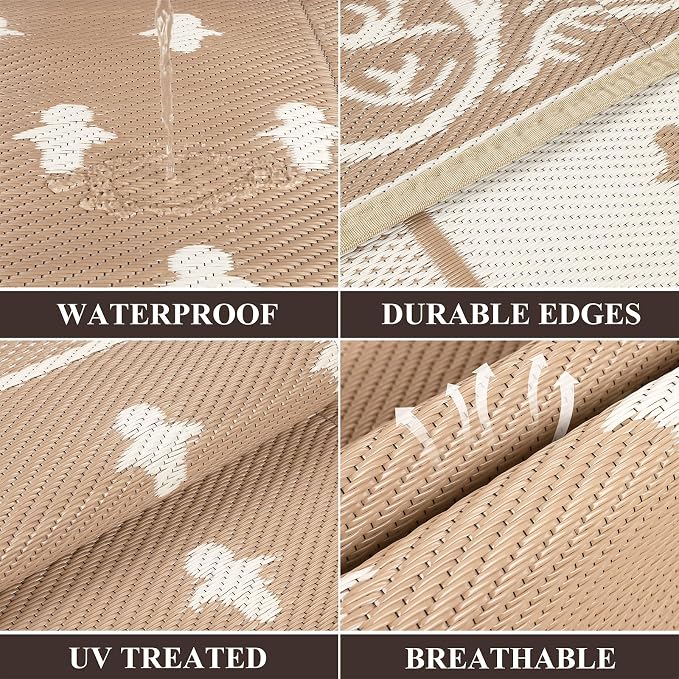 Pauwer Waterproof Outdoor Rug 9x12, Reversible Plastic Straw Patio Camping Rug - Image 3
