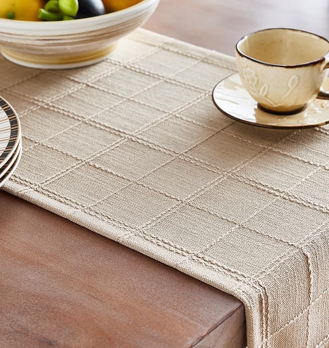 Linen Checked Farmhouse Table Runner, 13x108 Inches Neutral Beige | Raised Grid - Image 5
