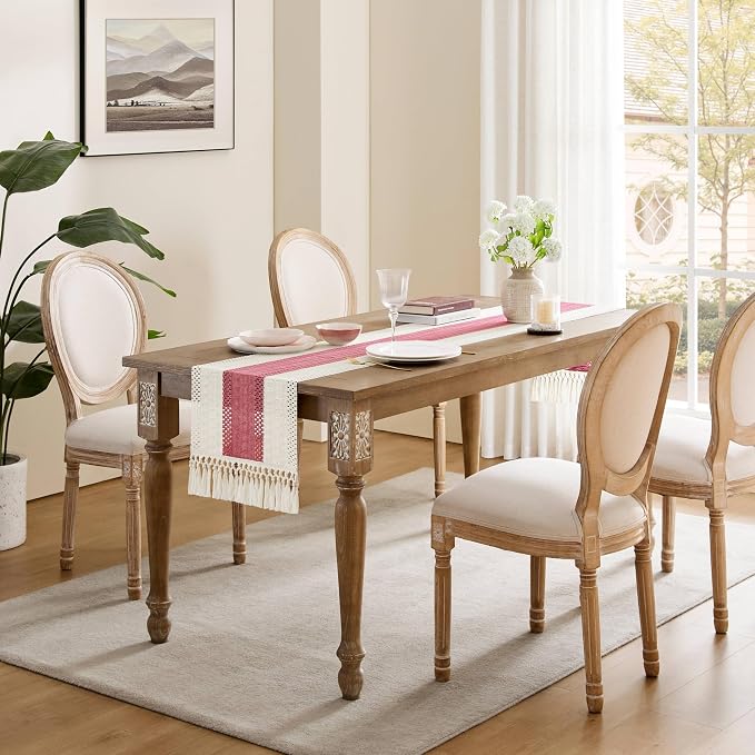 Macrame Style Bicolor Stitching Table Runner 14x36in Dusty Rose | Woven Boho - Image 3