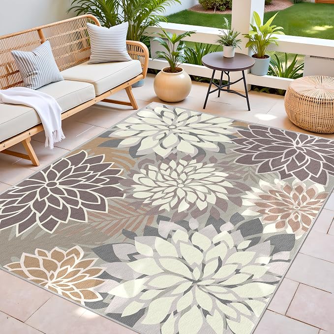 8x10 Outdoor Area Rug Washable Multicolored Patio Rug Tropical Botanical Floral - Image 3